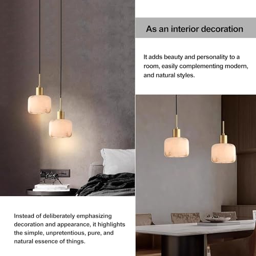 Alabaster Pendant Light Natural White Stone Shade Mini Hanging Lamp Kitchen Island Lighting with Solid Brass Body for Dining Room Bedroom, Adjustable Height 6.69", E26 Socket