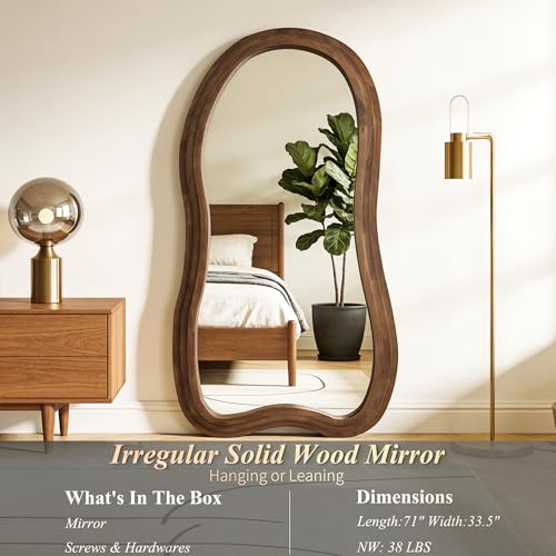 Irregular Full Length Mirror, 71"x33.5" Oversized Organic Floor Mirror with Triple-Layer Solid Wood Frame, Asymmetrical Full Body Mirrors for Entryway Hallway Living Room, Leaning/Hanging - color: Walnut, size: 71"L x 33.5"W