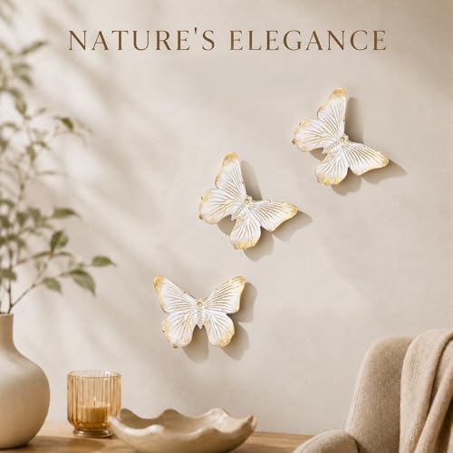 GUSFREUD 3D Butterfly Wall Decor Set – Resin Wall Decorations for Living Room, Bedroom, Garden, Yard, Outdoor and Gallery Walls - Ivory Gold - Set of 3 - color: white