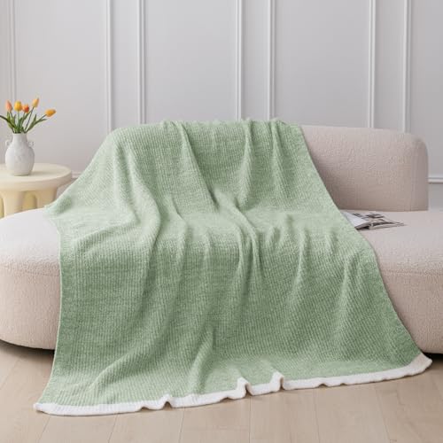 MH MYLUNE HOME Ultra Soft Ribbed Throw Blanket for Couch 50x60 Inches Luxurious Super Cozy Fluffy Microfiber Blanket Plush Warm Reversible Throw Blankets for Sofa Bed - Sage Green 50 x 60 Inches - color: Ribbed Green, size: 50"x60" - 550 GSM