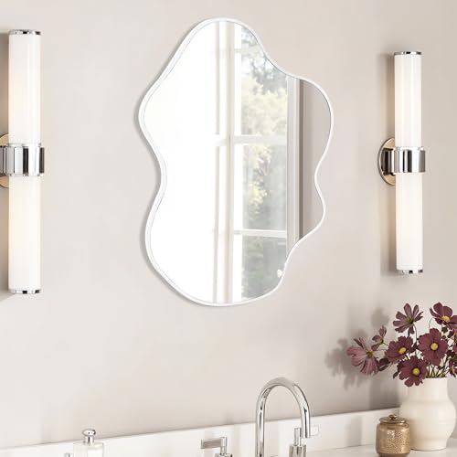 Tanmicoshomy White Irregular Wall Mirror 22x30 Inch, White Framed Cloud Shaped Asymmetrical Wavy Mirror with Tempered Glass for Bathroom Bedroom Cloakroom or Entryway - color: White, size: 30"L x 22"W