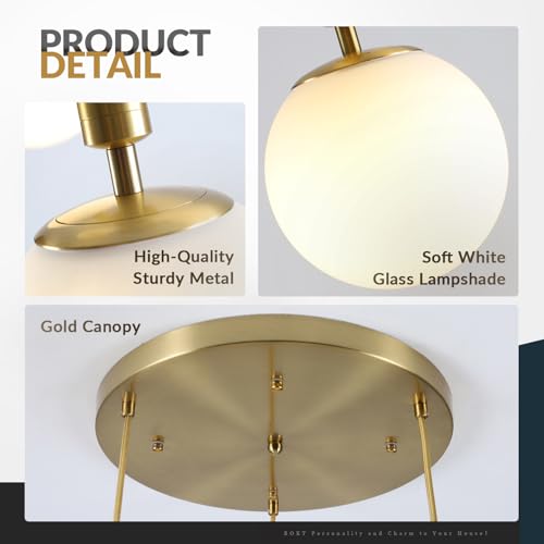 BOKT Modern 3 Light Cluster Pendant Lights Kitchen Island Mid Century Adjustable Brushed Gold Globe Chandelier Pendant Light Fixture Retro Vintage Milk White Glass Round Multi Hanging Ceiling Light - color: Gold-3Light