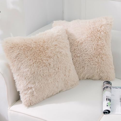NordECO HOME Luxury Soft Faux Fur Fleece Cushion Cover Pillowcase Decorative Throw Pillows Covers, No Pillow Insert, 18" x 18" Inch, Beige, 2 Pack - color: D-beige, size: 18" x 18" (Pack of 2)
