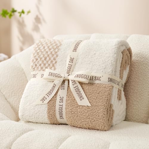 Snuggle Sac Checkered Blanket, Beige Throw Blanket for Couch Plaid Microfiber Fluffy Warm Cozy Fuzzy Soft Throw Blanket Reversible Checkerered Blankets for Sofa, Bed, 60x80 inches - color: Checker Beige, size: Twin(60"x80")