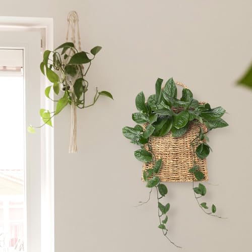 Woven Hanging Seagrass Baskets, Hanging Wall Wicker Basket, Handmade Organizer Baskets, Hanging Flower Basket for Shelves, Walls, Doors, Balconies, Front of House, Garden,... - color: Dark Brown