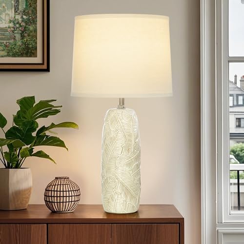 EUO 25” White Lamps Set of 2 for Living Room, Bedroom, Farmhouse Ceramic Table Lamps for Nightstand Set of 2, White Ceramic Lamps with Leaves Design - color: Leaves-WH