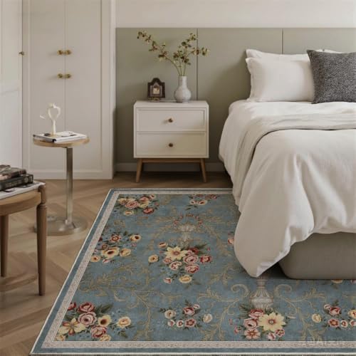 Helthep Floral Soft & Non-Slip Area Rug – Ultra-Thin Faux Cashmere, Pet-Friendly, Easy to Clean, Durable TPR Backing – Elegant Flower Pattern for Bedroom & Living Room (Blue, 8×10 ft) - color: Blue, size: 8' x 10' (Rectangular)