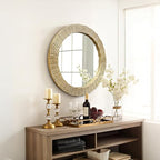 WAMIRRO Gold Round Wood Wall Mount Mirror, 24 Inch Hand Carved Solid Wood Frame Circle Mirror, Farmhouse Boho Decor for Living Room, Bathroom, Bedroom, Hallway & Entryway - size: 24"L x 24"W