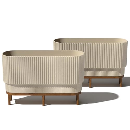 Veradek Demi Series Raised Long Planter for Indoor/Outdoor Use | Made from Plastic & Stone w/Wooden Stand | Modern Patio Décor for Flowers/Shrubs - color: Sand/Brown, size: 30 inch - 2 Pack