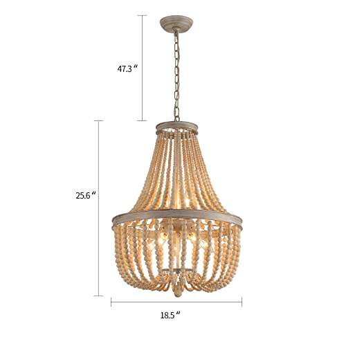 Q&S Farmhouse Wood Beaded Chandelier,Oak White 8-Lights Retro Vintage Antique Rustic Boho Pendant Light Fixture for Foyer Living Room Bedroom Kitchen Dining Room Office Nursery UL Listed - color: Original Wood