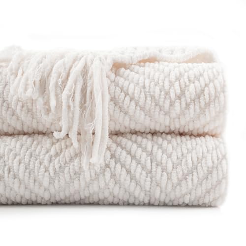 BATTILO HOME Cream Throw Blanket for Couch, Textured Knitted Throw Blanket with Tassels, Couch Cover Blanket Warm Decorative White Throw Blankets for Sofa Living Room, 60" x 80" - color: Cream, size: 60"x80"