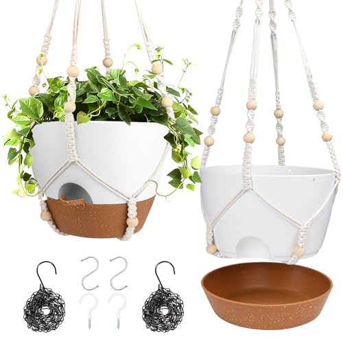 Hanging Planters for Indoor Outdoor Plants, 2 Pack Self Watering Hanging Pot with Drainage Holes, Removable Tray & 2 Kinds of Plant Hangers, 10'' Hanging Flower Pots for Home Garden Decor, White - color: Ivory+black+white, size: 10''