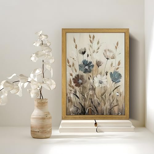 Yaneiro Wood Framed Vintage Wildflower Wall Art, Boho Canvas Wall Decor Paintings, Sage Flower Bathroom Decor, Countryside Farmhouse Landscape Posters Print for Bedroom Hallway Living Room 8x10 Inch - color: Gray Wildflowers, size: 10"L x 8"W