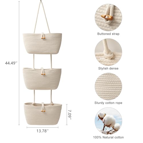 TeoKJ Over the Door Hanging Baskets with Button Strap, 3-Tier Woven Cotton Storage Organizer Bag, Wall-Mounted with Hook Decorative Hanging Kitchen Baskets - White - color: White, style: 3 tier+Button