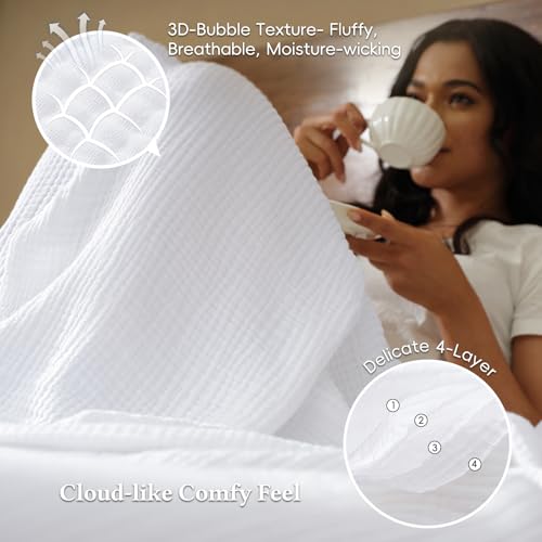David's Home 100% Natural Cotton Muslin Blanket Queen Size, 4-Layer Soft Breathable Lightweight Comfy Cozy Throw Guaze for Hot Sleepers, 3D Bubble Room Decor for Bed Couch, Giftable, White, 90"x90" - color: White, size: Queen(90x90")
