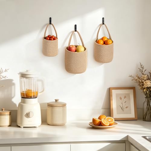 Dahey Hanging Wall Baskets for Kitchen 3 Pack Woven Basket for Fruit Plant Organizing 3 Sizes Farmhouse Rustic Boho Bathroom Storage Organizer for Living Room Bedroom Entryway Home Decor, Brown