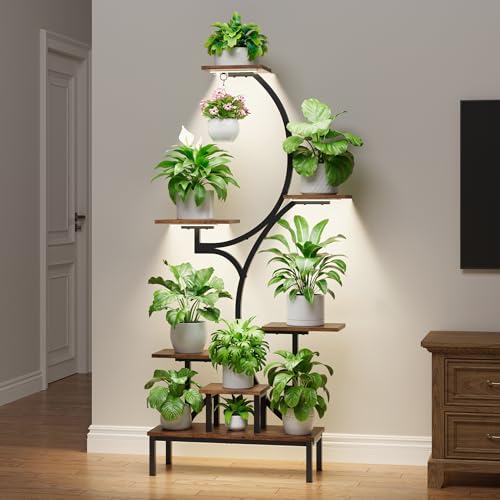 Plant Stand Indoor with Grow Lights - 7-Tier Indoor Plant Shelf with Elevated Base & Hanging Hook, 63" Corner Plants Stands for Multiple Plant Sizes, Multi-Tiered Lighted Rack for Living Room, Black