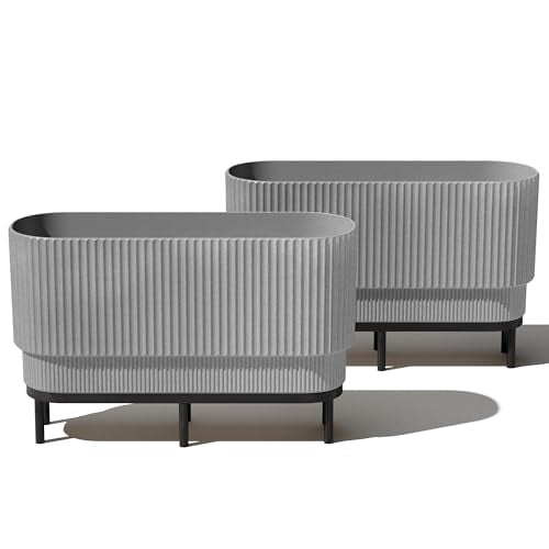 Veradek Demi Series Raised Long Planter for Indoor/Outdoor Use | Made from Plastic & Stone w/Wooden Stand | Modern Patio Décor for Flowers/Shrubs - color: Grey/Black, size: 30 inch - 2 Pack