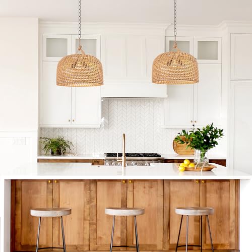 LamQee 18 Inch Rattan Farmhouse Chandelier, 3-Lights Boho Large Pendant Light with Dome Wicker Shade, Rustic Hand Woven Hanging Lighting Fixture for Dining Room, Kitchen Island, Entryway, Foyer - color: Natural