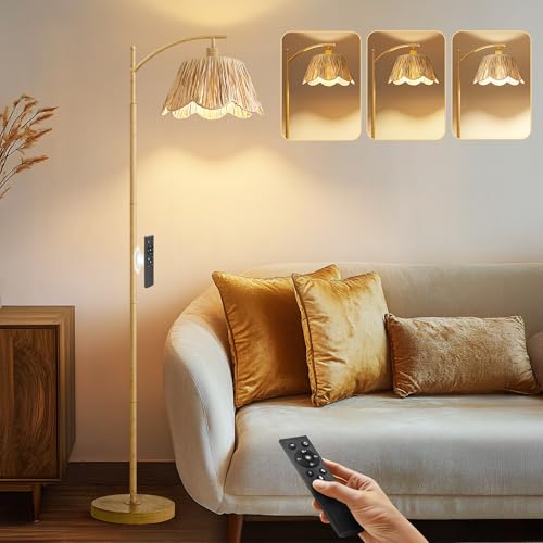 Oneach Arc Floor Lamp for Living Room with 3 Color Temperatures, Rattan Boho Floor Lamp with Remote & Dimmable Bulb, Farmhouse Floor Lamps Suitable for Bedroom, Study(Light Woodgrain) - color: Wood Brown