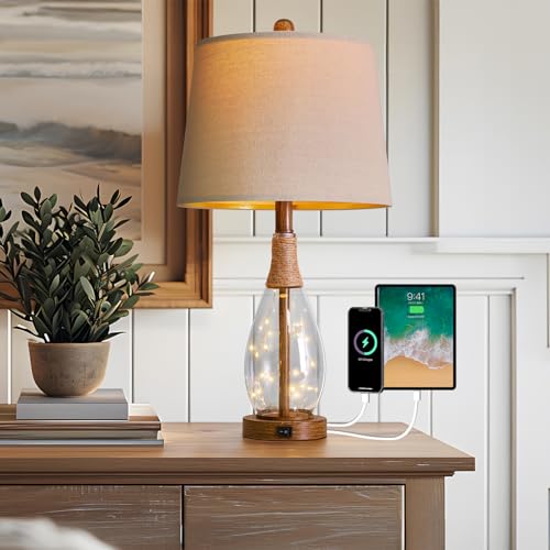 OYEARS 23" USB A+C Table Lamp for Bedroom Living Room Modern Bedside Lamps Retro Farmhouse Rattan Glass Nightstand Nightlight Lamps,Two Light Points - color: Antique Brown