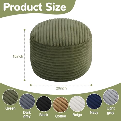 MeMoreCool Stuffed Round Pouf Ottoman Foot Rest, Soft Plush Floor Pouf Foot Stool, Corduray Footstool Footrest, Small Round Ottoman for Living Room Couch Sofa Chair, 20x15 Inch Green - color: Ribbed Green