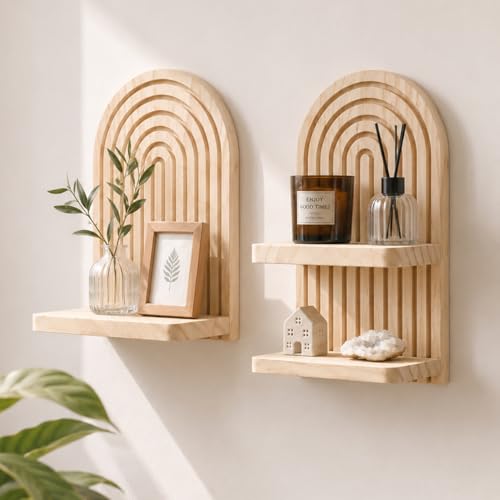 Artilady Boho Shelf Wall Decor Set of 2, Natural Wood Wall Mounted Shelves, Hanging Plant Shelf for Small Space Entryway Bedroom Living Room (Beige Set 2) - color: Beige Set 2