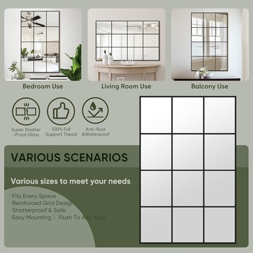 Suidia Wall Mirror, 36" x 60" Window Decorative Mirrors, Metal Framed Wall Decor Wall-Mounted Mirrors for Bedroom, Living Room, Entryway, Black - color: Black, size: 60"L x 36"W