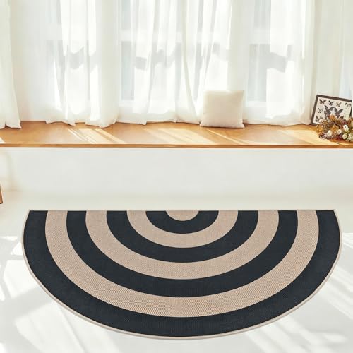 Faux Jute Rug 2.6x5Ft Half Circle Rainbow Doormat Easy Jute Carpet for Farmhouse Bedroom Kitchen, Non-Slip Half Round Neutral Floor Mat for Living Room Kids Room Indoor Outdoor Decor, Black 2 - color: Black 2, size: 2.6'x5'
