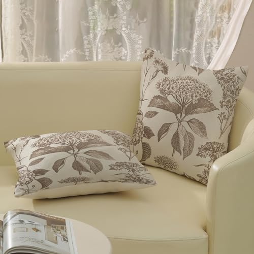 Vintage Brown Pillow Covers 16x16 Inch 2 Pcs Boho Beige Floral Decor Throw Pillows Hydrangea Flower Seasonal Outdoor Farmhouse Neutral Accent Decoration Pillowcase Linen Cushion Cover for Couch - color: Boho Brown Beige Hydrangea, size: 16" x 16" (Pack of