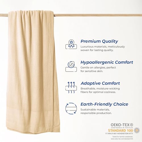 THREAD SPREAD Organic GOTS Certified Cotton Blanket, Twin/Twin XL - 350 GSM, Antistatic, Fuzzy Soft, Lightweight, Sofa, Camping & Travel, All-Season Herringbone Throw, Biege + Stylish Bonus Tote Bag - color: Herringbone - Beige, size: Twin / Twin XL