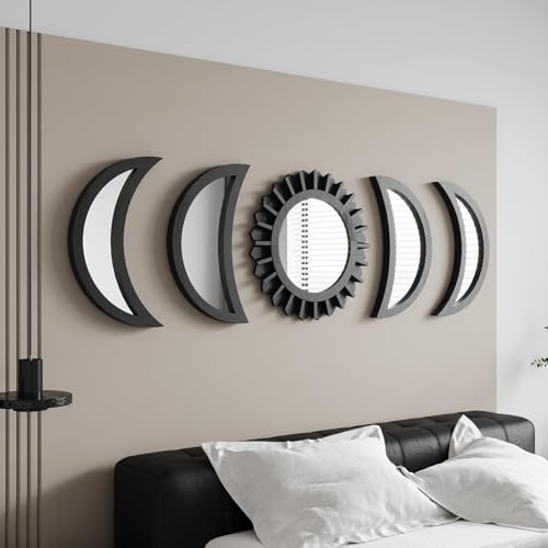 WAKOSAN Wall Mirror, Moon Phase Mirror Set, Wall Decor for Bedroom, Bohemian 5PCS Wooden and Real Glass Mirror with Crystal Clear Reflection, Boho Decor, Multi-Angle Installation (Black) - color: Black