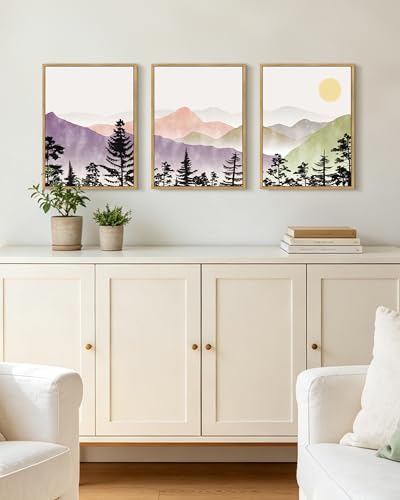 KUVIOKE Mountain Landscape Framed Wall Art Watercolor Nature Painting Boho Sun Rise Prints Farmhouse Rustic Home Decor Ready to Hang 11x14in (Natural Framed) - color: Color Sunrise Forest, size: 11 x 14in x 3 Panels Natural