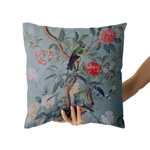 Chinoiserie Pillow Cover 16x16 Inch Blue Gray Vintage Bird Floral Throw Pillow Covers Farmhouse Flower Decorative Outdoor Pillowcase Cotton Square Cushion Cover for Couch Sofa Bed Decor (Pack of 2) - color: Blue Gray, size: 16" x 16" (Pack of 2)