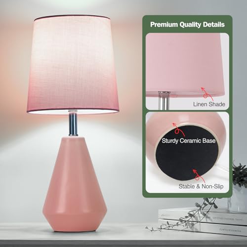 Small Bedside Table Lamp for Bedroom - Reading Desk Lamp with 3 Color Temperatures，15.5" Nightstand Ceramic Lamp with Fabric Shade for Kids Room,Living Room,Dorm,Home Office (Pink) - color: Pink, size: 15.5"