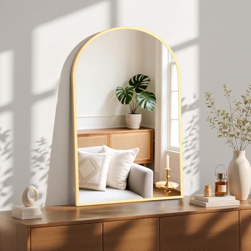 NEWBULIG 24X36 Inch Arched Bathroom Mirror for Wall, Vanity Bathroom Mirrors for Over Sink Tempered Glass, Anti-Rust Arched Metal Framed, Hangs Horizontally or Vertically, Farmhouse Home Decor, Gold - color: Gold-arched, size: 36"L x 24"W