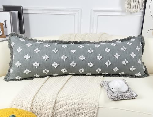 Boho Long Lumbar Pillow Cover 14x40 with Tassel Fringe,3D Flower Patterned Extra Decorative Long Lumbar Pillow Cover Case for Sofa Couch Bed Livingroom Farmhouse,Blue Grey - color: Blue Grey, size: 40" x 14" (Pack of 1)
