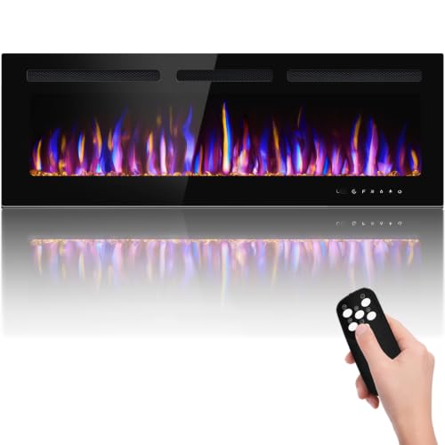 BETELNUT 50" Electric Fireplace Wall Mounted and Recessed with Remote Control, 750/1500W Ultra-Thin Wall Fireplace Heater W/Timer Adjustable Flame Color and Brightness, Log Set & Crystal Options - size: 50 Inch