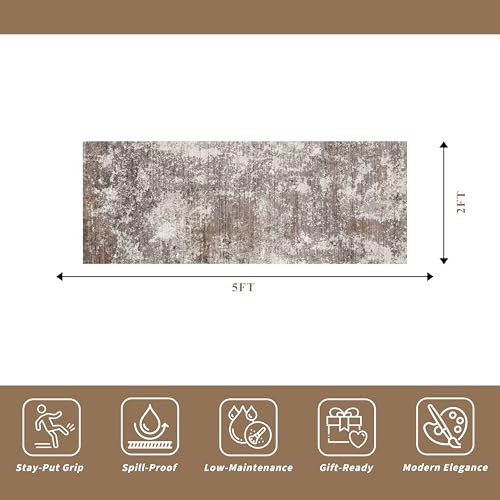 2x5 Washable Kitchen Rug Runner – Non-Slip Abstract Modern Neutral Small Rug for Bathroom, Hallway, Bedroom, Laundry Room, Entryway – Soft Low-Pile Thin with Rubber Backing (Brown Beige, 2x5) - color: Brown Beige, size: 2' x 5' (Rectangular)