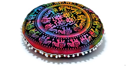 Round Mandala Floor Pillow Cover Seating Cushion Throw Cover Hippie Decorative Bohemian Ottoman Pouf Cover, Pom Pom Pillow Cases,Boho Indian 22 Inches (Multi Up hathi) - color: Multi Up Hathi
