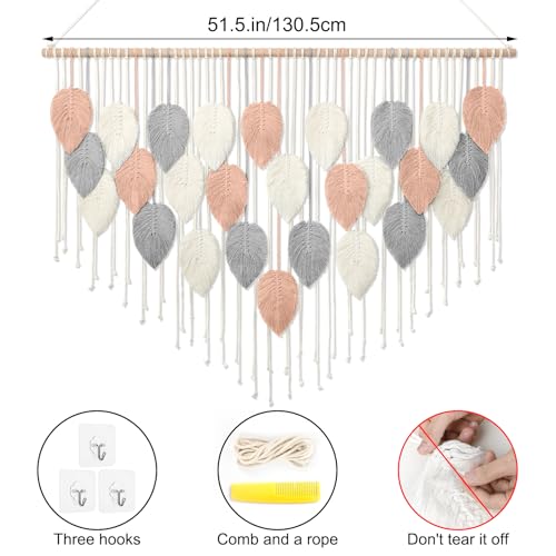Alynsehom Large Macrame Wall Hanging, Boho Woven Tapestry, Chic Modern Bohemian Handmade Leaf Feather Wall Art Home Decor for Apartment Dorm Living Room Bedroom Nursery Backdrop (51.5" W X 33.5" L) - color: Pink Beige-51.5"W X 33.5"L