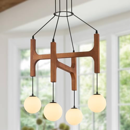 Rustic Wood Chandeliers with Milk Glass Globes Lampshades L24 '' Unique Mid Century Long 4-Light Pendant Chandelier Wood Stained Walnut Farmhouse for Living Dining Room Entryway Bedroom Kitchen,G9 - color: Walnut, size: L24 inches