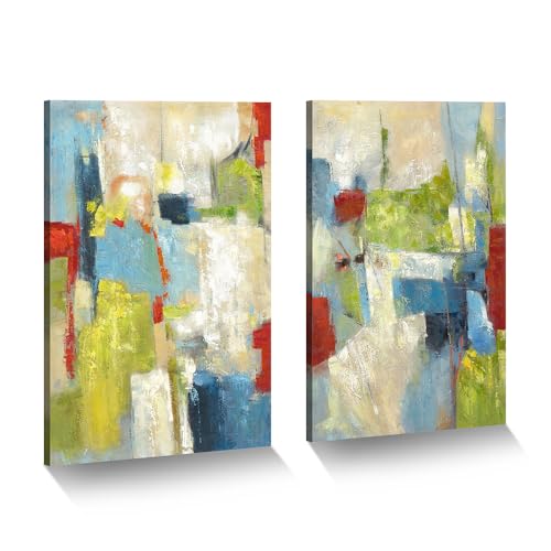 ArtSquare Abstract Canvas Wall Art: Hand Painted Colorful Graffiti Prints 2 Pieces Green Blue Textured Painting for Office - color: colorful, size: 24”x16”x2
