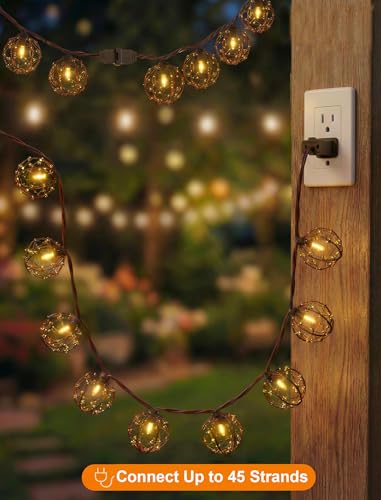 Oviejo 8.5FT LED Patio String Lights, Waterproof Outdoor Lantern String Lights with 12 Bulbs, Beaded Copper Wire Ball Style, Connectable Yard Garden Bistro Party Lights, Warm White - color: Brown Beaded Copper Wire Ball