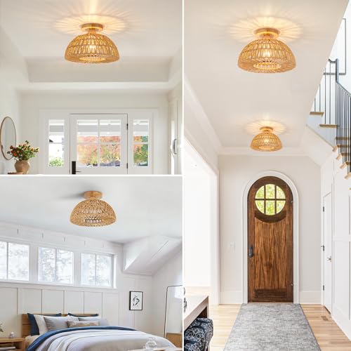 Boho Ceiling Light Fixtures,Rattan Light Fixture,Small Boho Chandelier Hand Woven Ceiling Light with Wooden Base,Rattan Flush Mount Ceiling Lights for Bedroom Hallway Kitchen Entryway Nursery - color: Brown-B