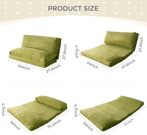 MAXYOYO Folding Sofa Bed, Extra Thick and Long Floor Sofa Convertible Chair with Washable Cover, Floor Couch Lounge Bean Bag Bed for Living Room, Green, 54x91 Inch - color: Green, size: Classic Full