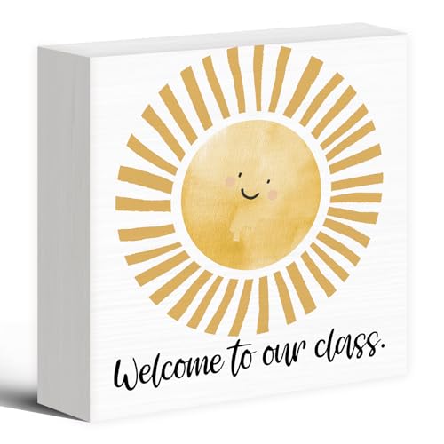 Boho Classroom Sunshine Wood Box Sign Desk Decor 5X5, Pop Smiles Rustic Welcome To Our Calss Wooden Sign Decorations for School Classroom Library Reading Nook Corner Wall Tabletop Shelf Decor - color: Colour 04, size: 5X5