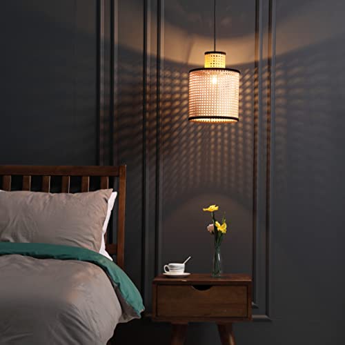Nakuv - Modern Bohemian Mini Pendant with 2 Tier PVC Rattan Shade and Velvet Stiched Rim for Foyer, Kitchen Living Room, Bedroom, Beige - color: Nakuv - Mini