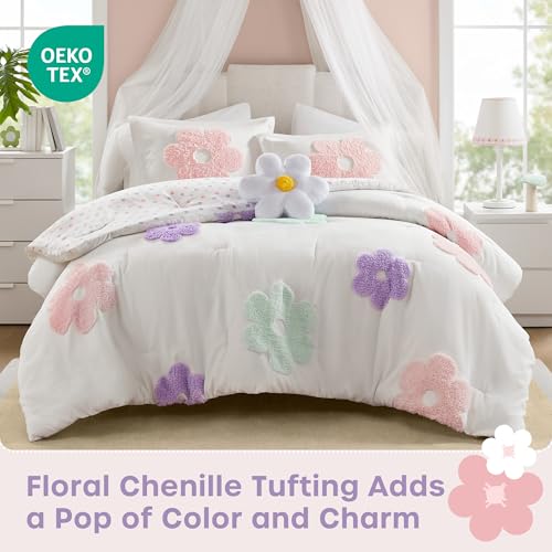 Intelligent Design Kids Full Comforter Set for Girls, Tufted Chenille Floral Comforter Set Queen, Lightweight Polka Dot Reversible Bed Set, Shams, Pillow, Gracie, Full/Queen White/Purple 4 Piece - color: White/Purple, size: F/Q Comforter