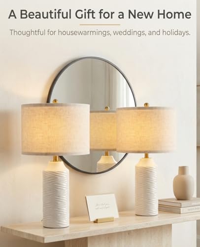 White Table Lamps Set of 2, 22" Ceramic Bedside Lamps for Bedroom - Nightstand Lamp Set of 2 with Linen Shade, Modern Farmhouse Side Table Lamps for Living Room, Rotary Switch, E26 Base